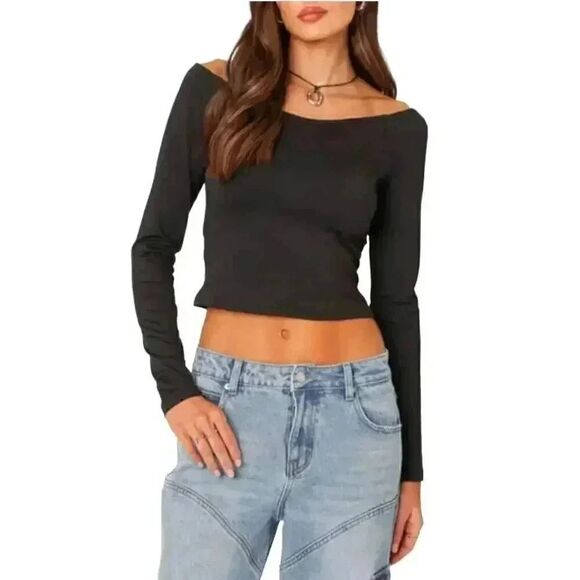 Edikted Women's Black Cotton/Spandex Tahlia Off the Shoulder Crop Top NEW - Picture 1 of 16